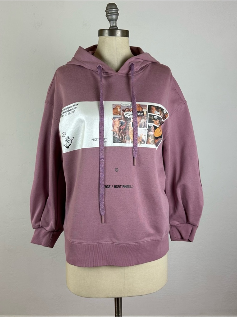 Peacebird “A Cat Angel” Mauve Graphic Pullover Hoodie with Split Back Detail